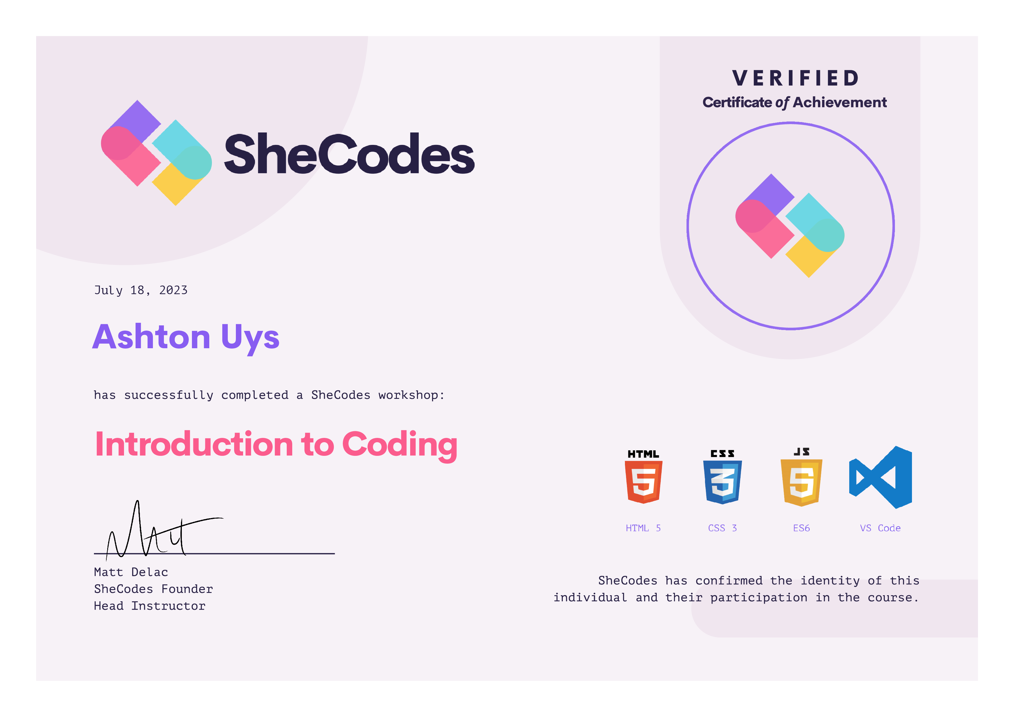 SheCodes basic certificate