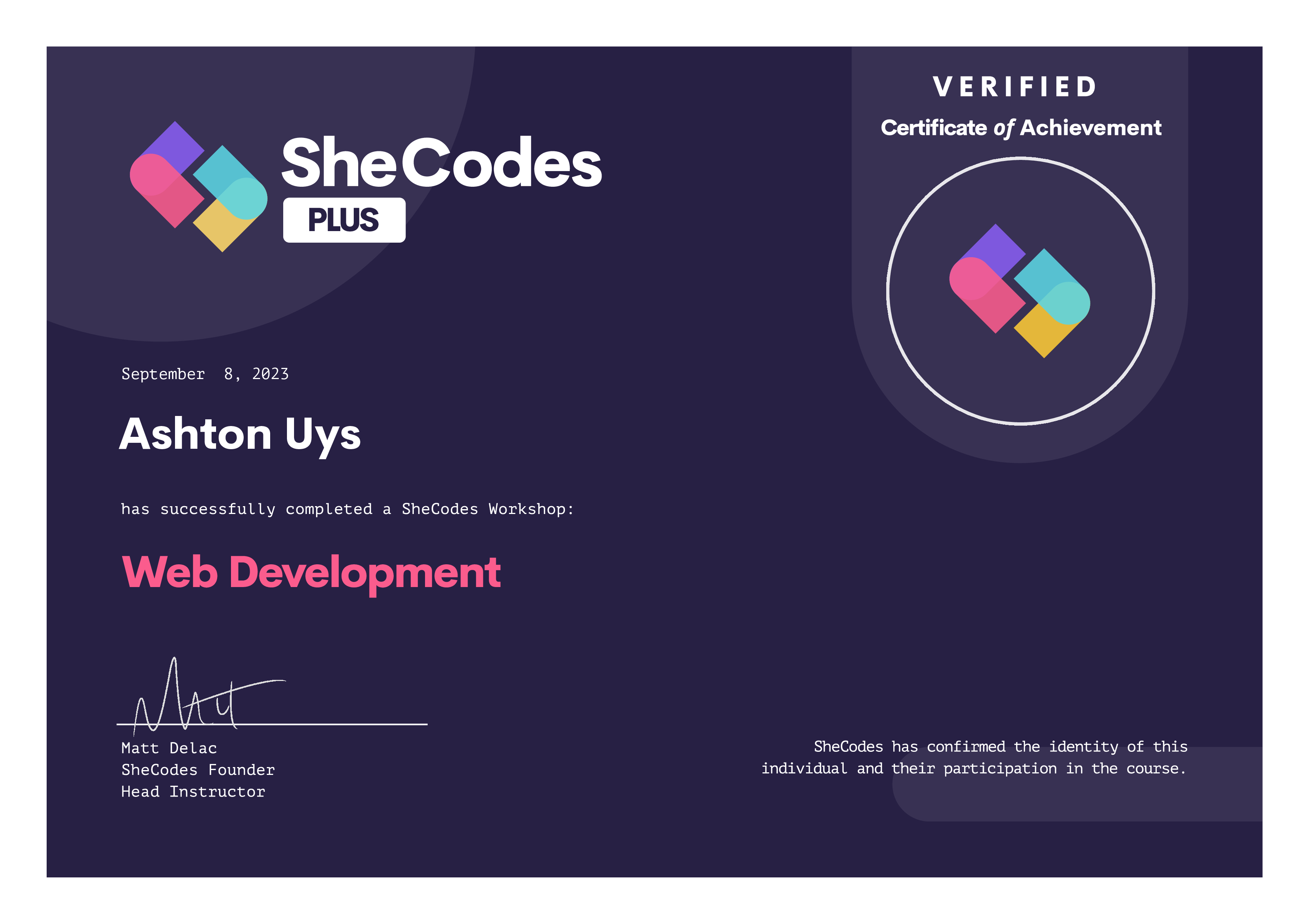 SheCodes plus certificate